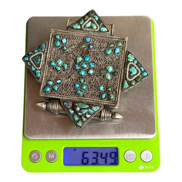 Antique Tibetan Gau Box Prayer Tribal Silver Turquoise Pendant Filigree 4" Large - Picture 6 of 7